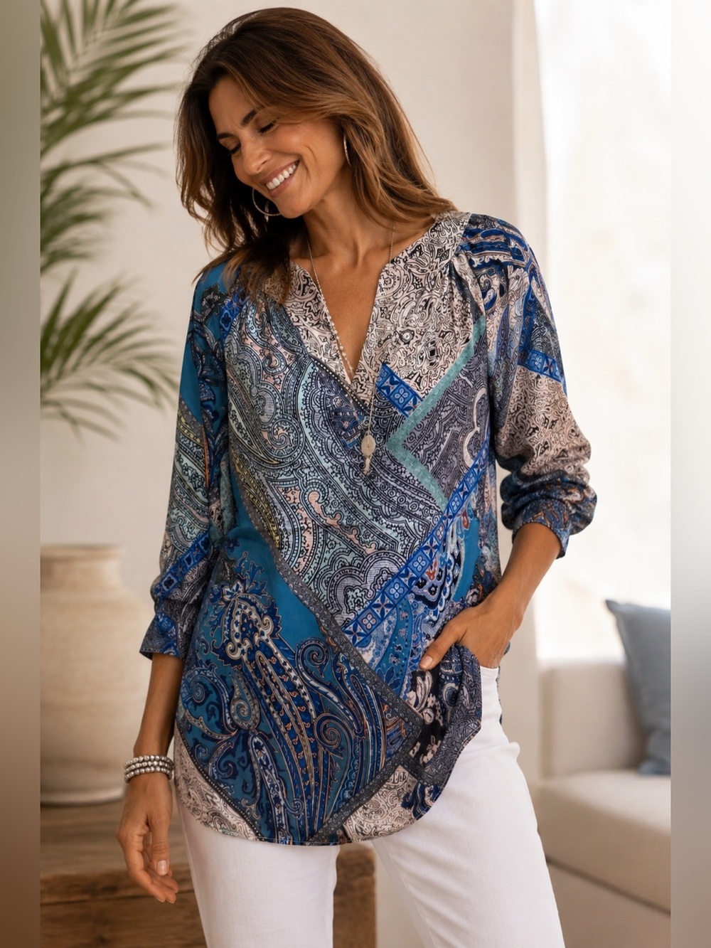 Chico’s Paisley Patchwork Popover Tunic Top Blue Multi NWT Size Chicos 0 Small